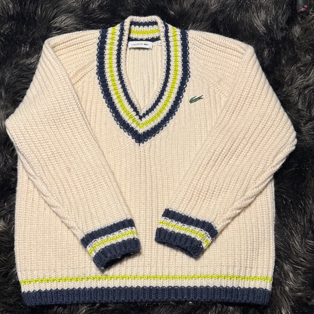 Lacoste V-Neck tennis Sweater in Cream with Navy and Yellow Accents